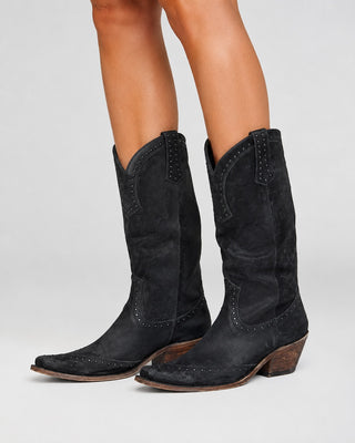 Distressed Suede Knee-High Cowboy Boots with Studded Trim and Pointed Toe for Women
