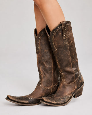 Distressed Suede Knee-High Cowboy Boots with Studded Trim and Pointed Toe for Women