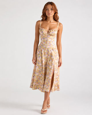 Floral Midi Dress for Women with Sweetheart Neckline Fitted Bodice Lightweight Fabric Side Slit