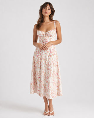 Floral Midi Dress for Women with Sweetheart Neckline Fitted Bodice Lightweight Fabric Side Slit