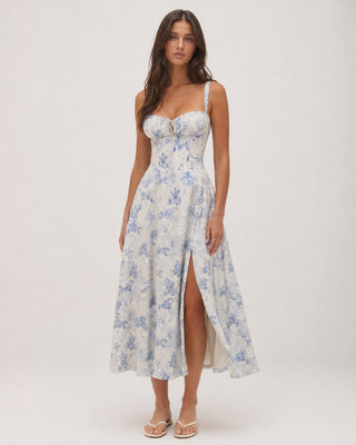 Floral Midi Dress for Women with Sweetheart Neckline Fitted Bodice Lightweight Fabric Side Slit