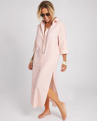 Striped Linen Midi Dress Button-Down Relaxed Fit Three-Quarter Sleeve Lightweight Summer Dresses