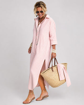 Striped Linen Midi Dress Button-Down Relaxed Fit Three-Quarter Sleeve Lightweight Summer Dresses