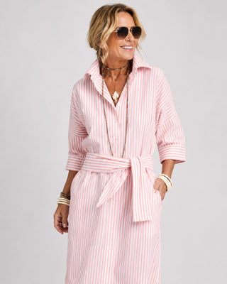 Striped Linen Midi Dress Button-Down Relaxed Fit Three-Quarter Sleeve Lightweight Summer Dresses