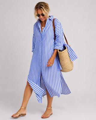 Striped Linen Midi Dress Button-Down Relaxed Fit Three-Quarter Sleeve Lightweight Summer Dresses