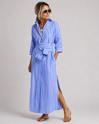 Striped Linen Midi Dress Button-Down Relaxed Fit Three-Quarter Sleeve Lightweight Summer Dresses