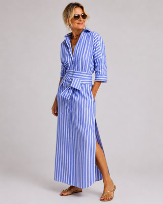 Striped Linen Midi Dress Button-Down Relaxed Fit Three-Quarter Sleeve Lightweight Summer Dresses