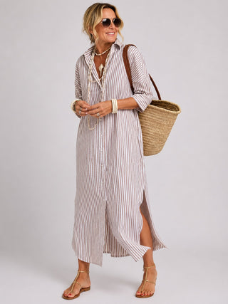 Striped Linen Midi Dress Button-Down Relaxed Fit Three-Quarter Sleeve Lightweight Summer Dresses