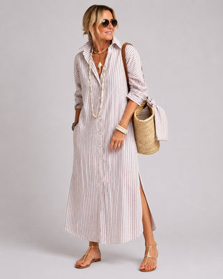 Striped Linen Midi Dress Button-Down Relaxed Fit Three-Quarter Sleeve Lightweight Summer Dresses