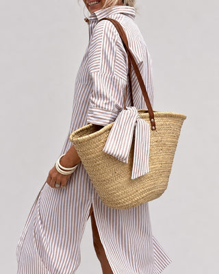 Striped Linen Midi Dress Button-Down Relaxed Fit Three-Quarter Sleeve Lightweight Summer Dresses