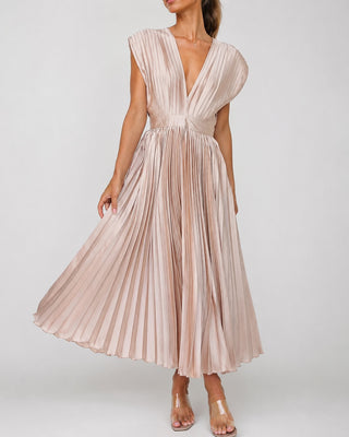 Elegant Pleated Midi Dress for Women with V-Neck Fitted Waist for Wedding Guest Cocktail Formal Events