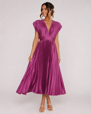 Elegant Pleated Midi Dress for Women with V-Neck Fitted Waist for Wedding Guest Cocktail Formal Events