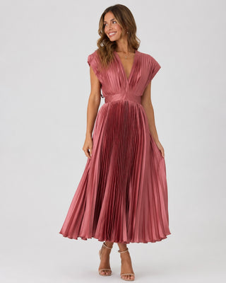 Elegant Pleated Midi Dress for Women with V-Neck Fitted Waist for Wedding Guest Cocktail Formal Events