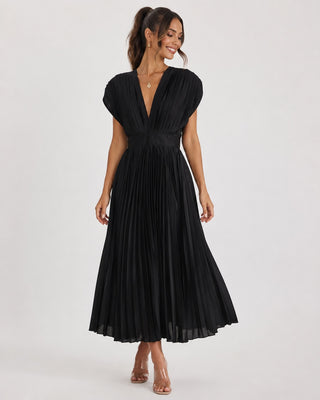 Elegant Pleated Midi Dress for Women with V-Neck Fitted Waist for Wedding Guest Cocktail Formal Events