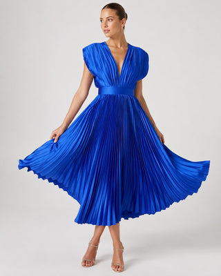 Elegant Pleated Midi Dress for Women with V-Neck Fitted Waist for Wedding Guest Cocktail Formal Events