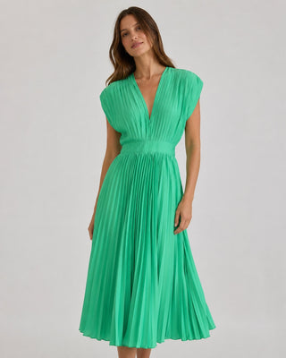 Elegant Pleated Midi Dress for Women with V-Neck Fitted Waist for Wedding Guest Cocktail Formal Events