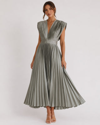 Elegant Pleated Midi Dress for Women with V-Neck Fitted Waist for Wedding Guest Cocktail Formal Events