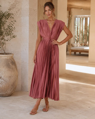 Elegant Pleated Midi Dress for Women with V-Neck Fitted Waist for Wedding Guest Cocktail Formal Events
