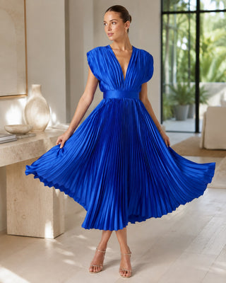 Elegant Pleated Midi Dress for Women with V-Neck Fitted Waist for Wedding Guest Cocktail Formal Events