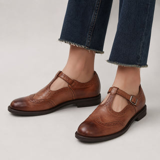 Black Mary Jane Loafers Women Leather Slip-On with Perforated Trim and Curved Strap