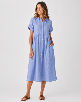 Striped Midi Dress Button-Down Front Cotton Blend Relaxed Fit Casual Layering Option