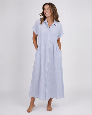 Striped Midi Dress Button-Down Front Cotton Blend Relaxed Fit Casual Layering Option