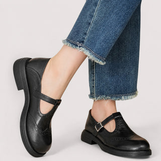 Black Mary Jane Loafers Women Leather Slip-On with Perforated Trim and Curved Strap
