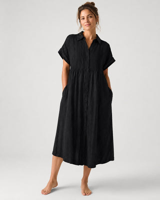 Striped Midi Dress Button-Down Front Cotton Blend Relaxed Fit Casual Layering Option