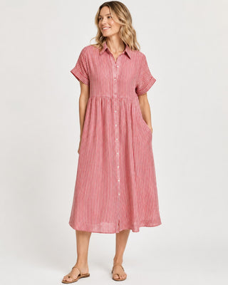 Striped Midi Dress Button-Down Front Cotton Blend Relaxed Fit Casual Layering Option