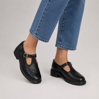 Black Mary Jane Loafers Women Leather Slip-On with Perforated Trim and Curved Strap