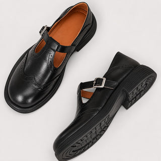 Black Mary Jane Loafers Women Leather Slip-On with Perforated Trim and Curved Strap