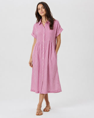 Striped Midi Dress Button-Down Front Cotton Blend Relaxed Fit Casual Layering Option