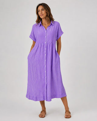 Striped Midi Dress Button-Down Front Cotton Blend Relaxed Fit Casual Layering Option