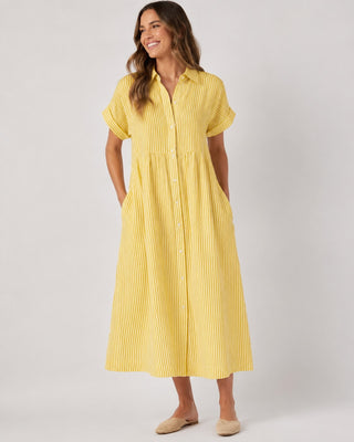 Striped Midi Dress Button-Down Front Cotton Blend Relaxed Fit Casual Layering Option