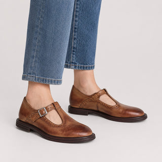 Black Mary Jane Loafers Women Leather Slip-On with Perforated Trim and Curved Strap