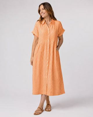 Striped Midi Dress Button-Down Front Cotton Blend Relaxed Fit Casual Layering Option