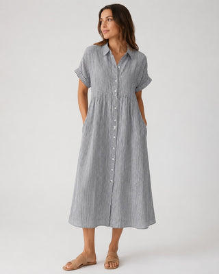 Striped Midi Dress Button-Down Front Cotton Blend Relaxed Fit Casual Layering Option