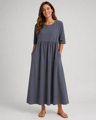 Casual Midi Dress with Gathered Waist and Three-Quarter Sleeves in Lightweight Linen for Women