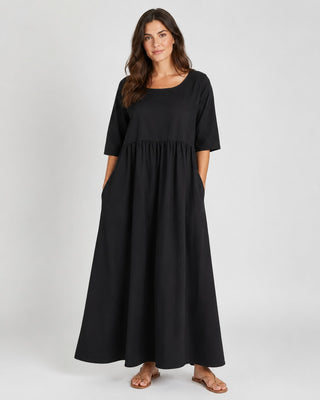 Casual Midi Dress with Gathered Waist and Three-Quarter Sleeves in Lightweight Linen for Women