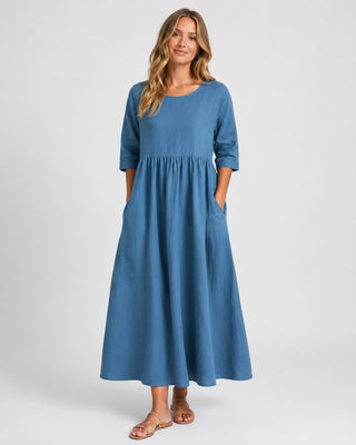 Casual Midi Dress with Gathered Waist and Three-Quarter Sleeves in Lightweight Linen for Women