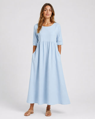 Casual Midi Dress with Gathered Waist and Three-Quarter Sleeves in Lightweight Linen for Women