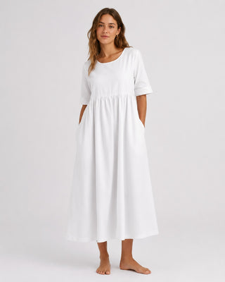 Casual Midi Dress with Gathered Waist and Three-Quarter Sleeves in Lightweight Linen for Women