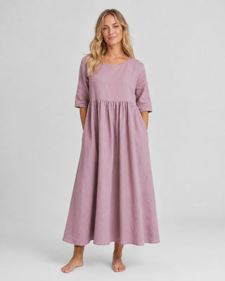 Casual Midi Dress with Gathered Waist and Three-Quarter Sleeves in Lightweight Linen for Women