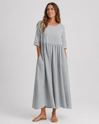 Casual Midi Dress with Gathered Waist and Three-Quarter Sleeves in Lightweight Linen for Women