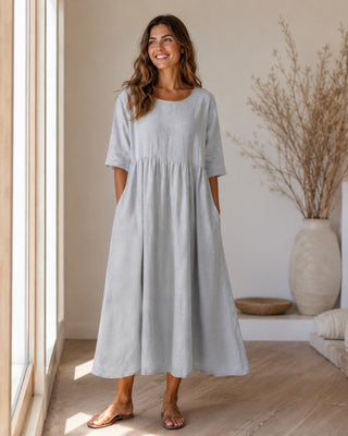 Casual Midi Dress with Gathered Waist and Three-Quarter Sleeves in Lightweight Linen for Women