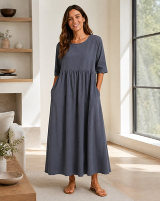 Casual Midi Dress with Gathered Waist and Three-Quarter Sleeves in Lightweight Linen for Women