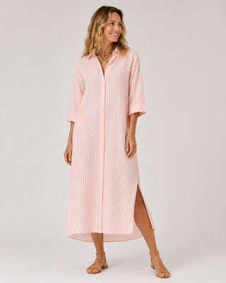 Striped Linen Midi Shirt Dress for Women Casual Summer Dress with Button-Down Front and Three-Quarter Sleeves