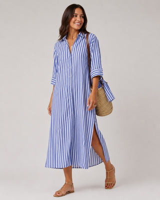 Striped Linen Midi Shirt Dress for Women Casual Summer Dress with Button-Down Front and Three-Quarter Sleeves