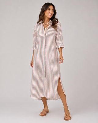 Striped Linen Midi Shirt Dress for Women Casual Summer Dress with Button-Down Front and Three-Quarter Sleeves