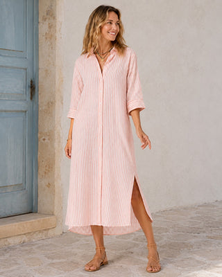 Striped Linen Midi Shirt Dress for Women Casual Summer Dress with Button-Down Front and Three-Quarter Sleeves